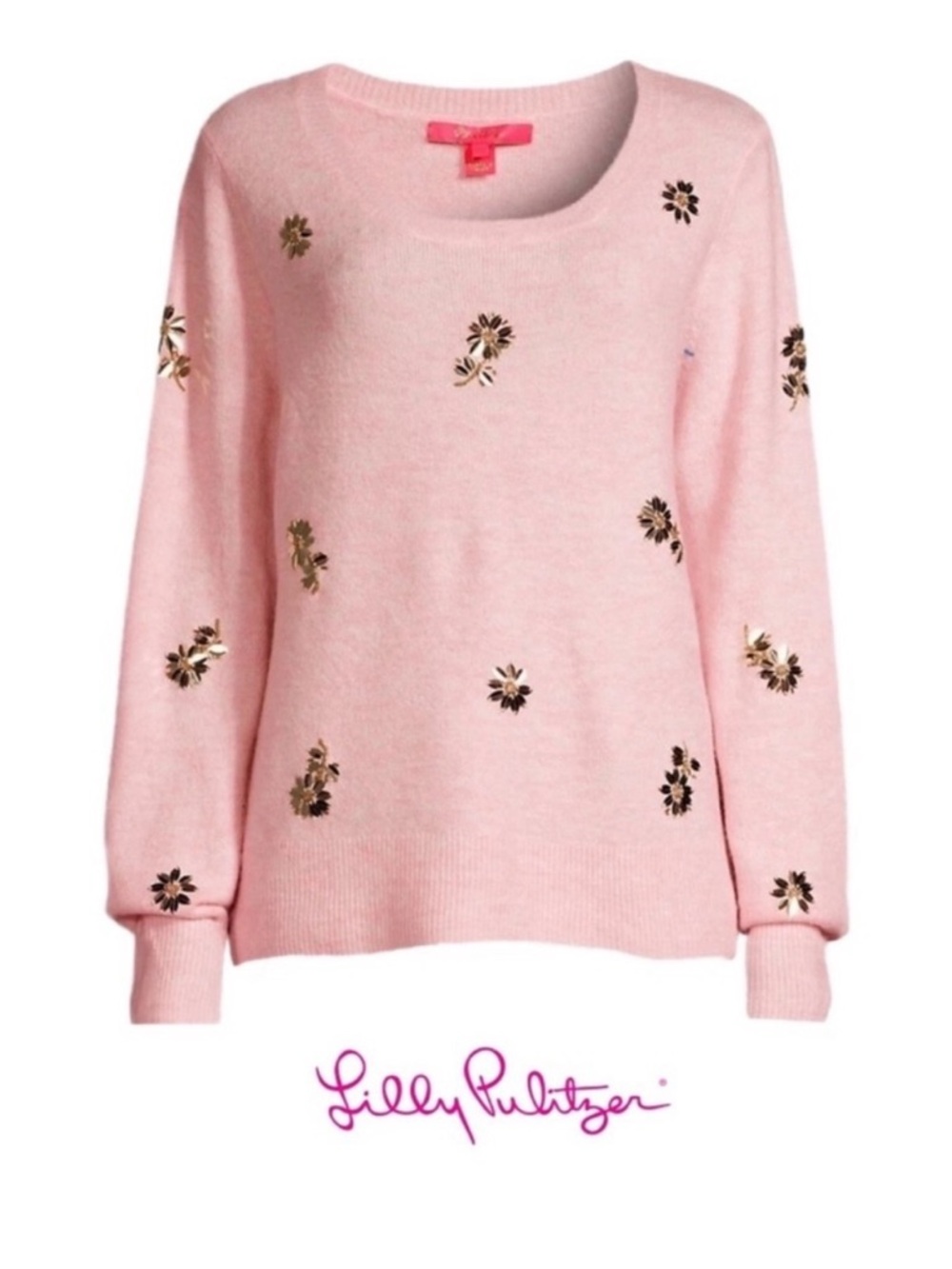 Lilly Pulitzer Kalaya Sweater XL Calla Lilly Pink Sparkle Floral Toss Embellish
